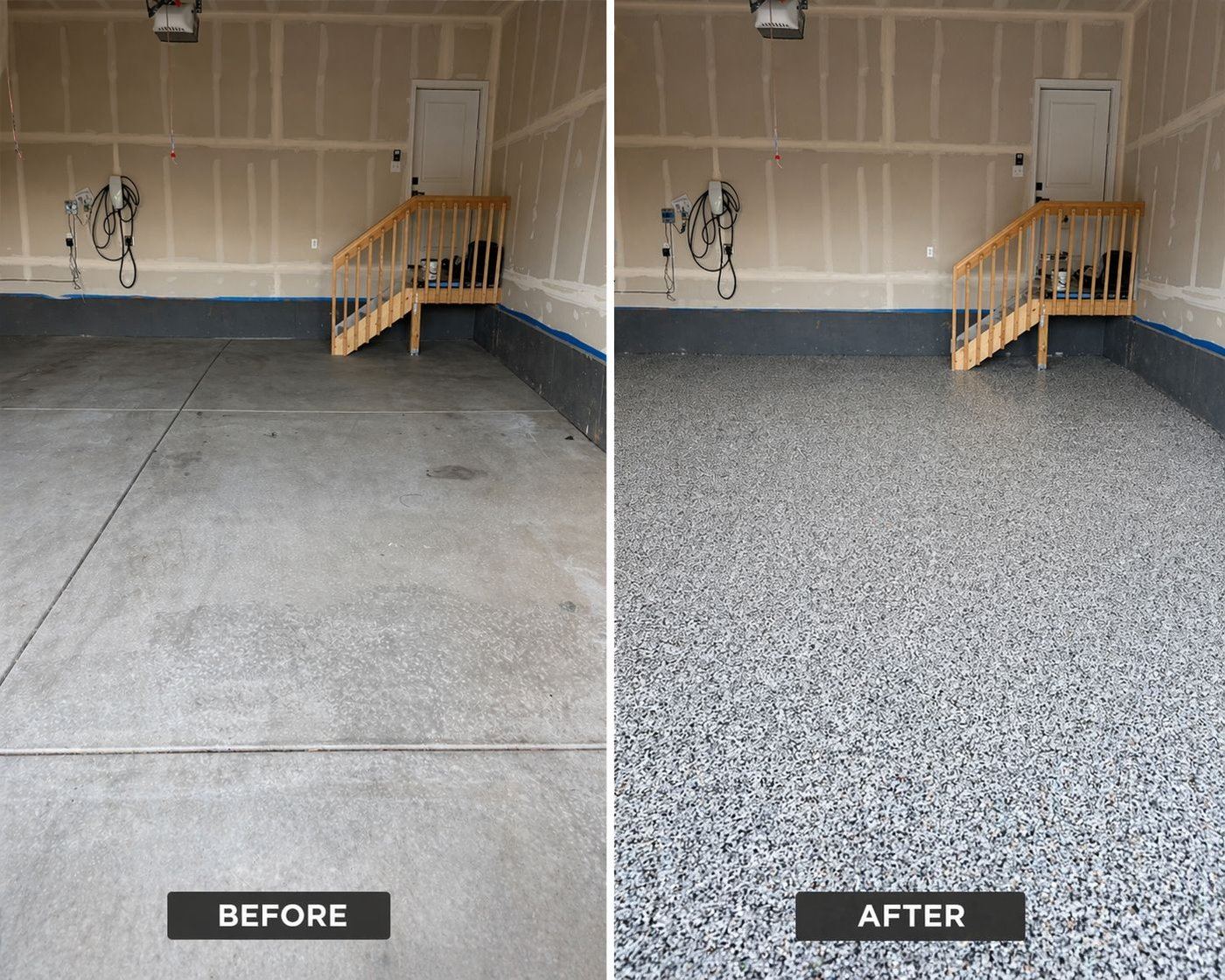 Before and after garage floor transformation by BM Epoxy Floors Denver