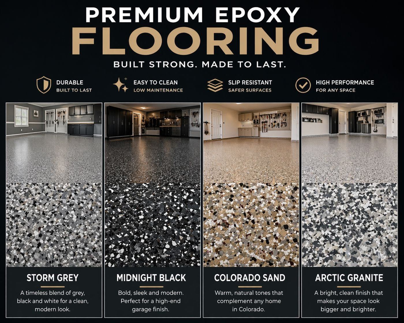 BM Epoxy Floors premium color palette - Storm Grey, Midnight Black, Colorado Sand, Arctic Granite